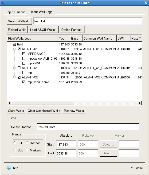 Select Input Data dialog (Input Well Log tab)